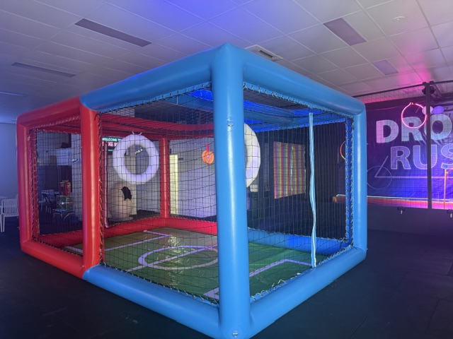 Drone soccer arena red and blue frame with playing field